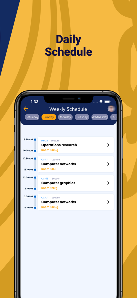 AASTMT Student Portal - AASTMT Student Portal app displaying the daily class schedule with lesson times and room locations