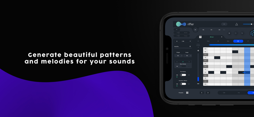 Smartphone screen showing the Riffer app interface with a generative MIDI sequence grid