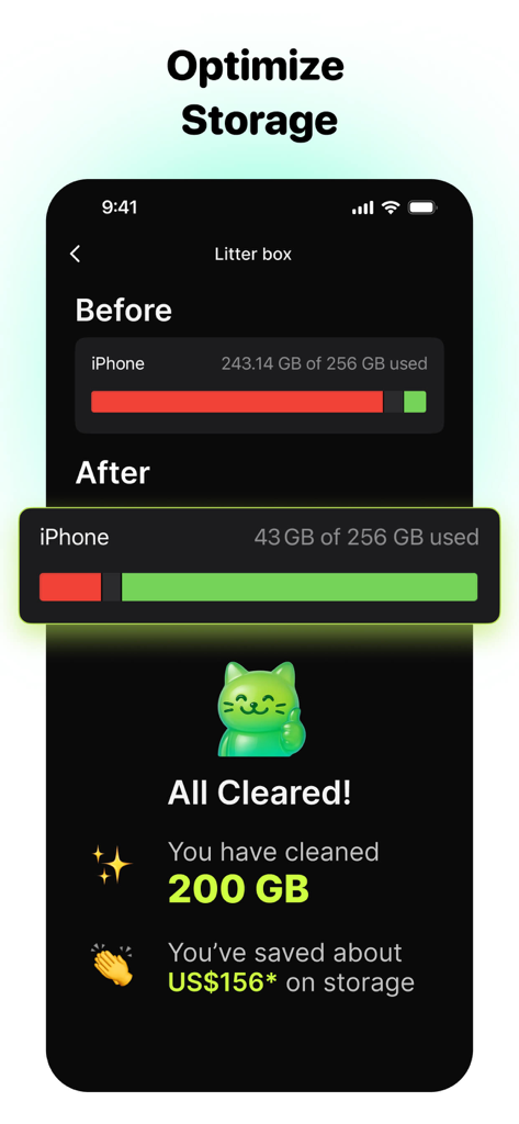 PhotoCat - Enhancer & Cleaner - Pantalla de la aplicación PhotoCat mostrando 200 GB de almacenamiento de iPhone liberados con una linda mascota gata verde.