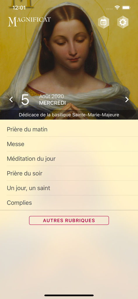 Menú principal de la aplicación Magnificat Edición francesa que presenta oraciones y meditaciones católicas diarias