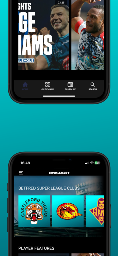 SuperLeague plus mobile app showing rugby highlights and team logos