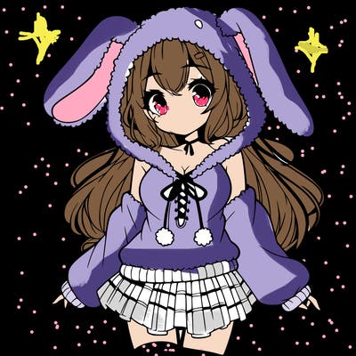 pretty anime girl wearing a fluffy hoodie with bunny ears on the hood and a skirt