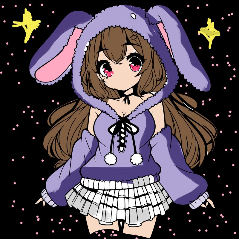 pretty anime girl wearing a fluffy hoodie with bunny ears on the hood and a skirt