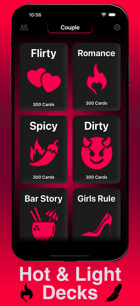 Interface do aplicativo Verdade ou Desafio mostrando categorias de jogos para casais, incluindo baralhos Romântico Sedutor, Picante e Cruel