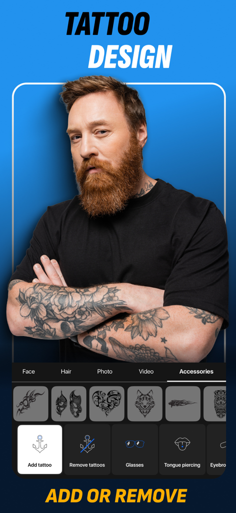 A screenshot of the Retouch Men app showing the tattoo design interface with options to add or remove tattoos and accessories on a bearded man.