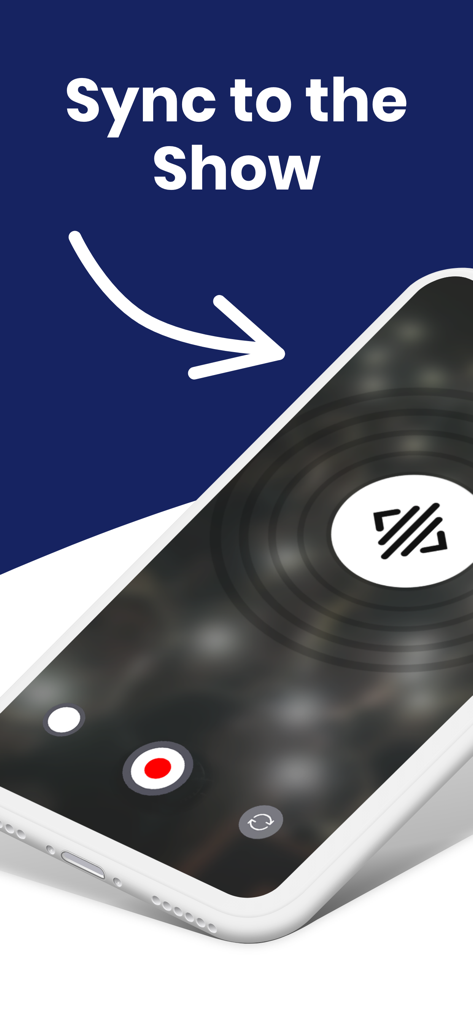 Un smartphone mostrando la interfaz de la cámara de Stadium FX con el texto Sincronizar con el Espectáculo