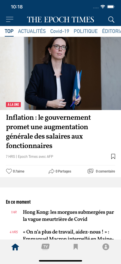 Epoch Times Francais app news feed displaying a headline about government salaries and inflation
