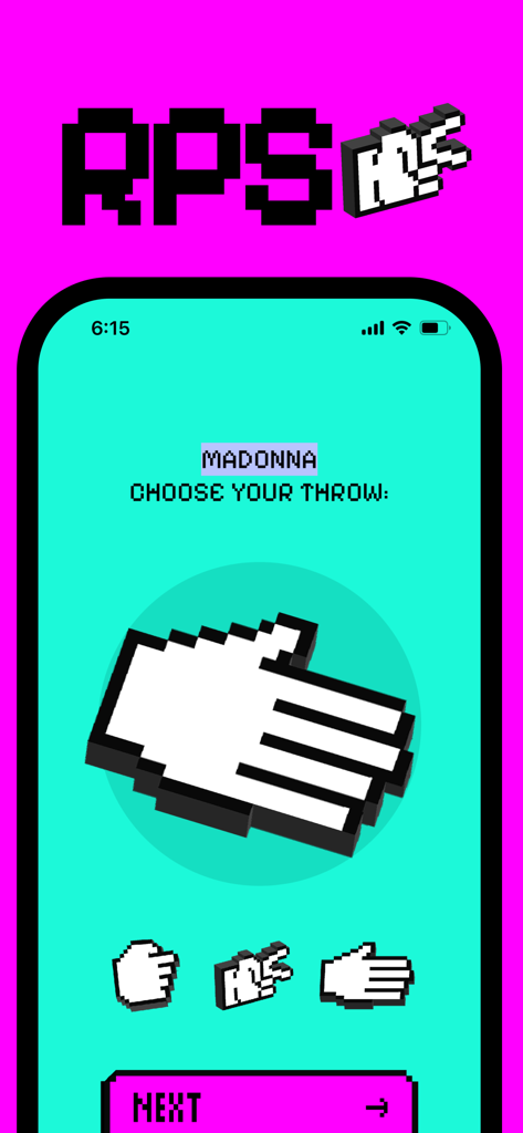 RPS - Rock, Paper, Scissors - RPS mobile app gameplay screen with pixel art hand gestures and a retro aesthetic