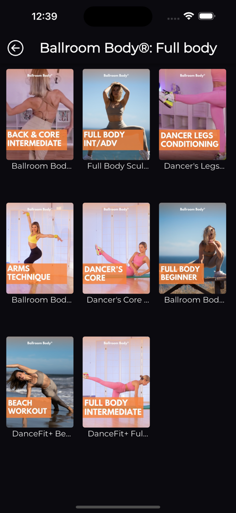 DanceFit+: Dance & Fun Workout - DanceFit app screen showing various Ballroom Body full body workout categories and video thumbnails