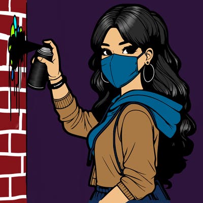 realistic girl with mask spray painting a wall
