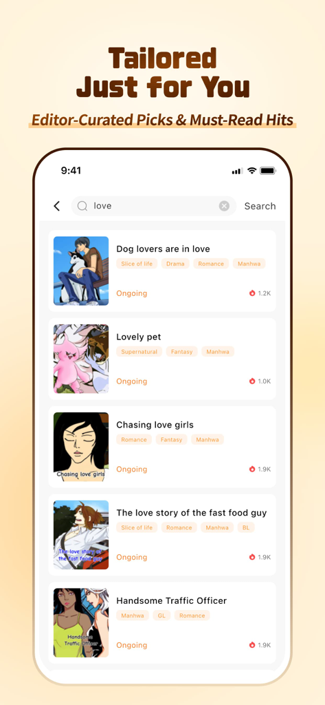 Suchergebnisse-Bildschirm in der QToon-App, der kuratierte Manhwa- und Comic-Titel anzeigt