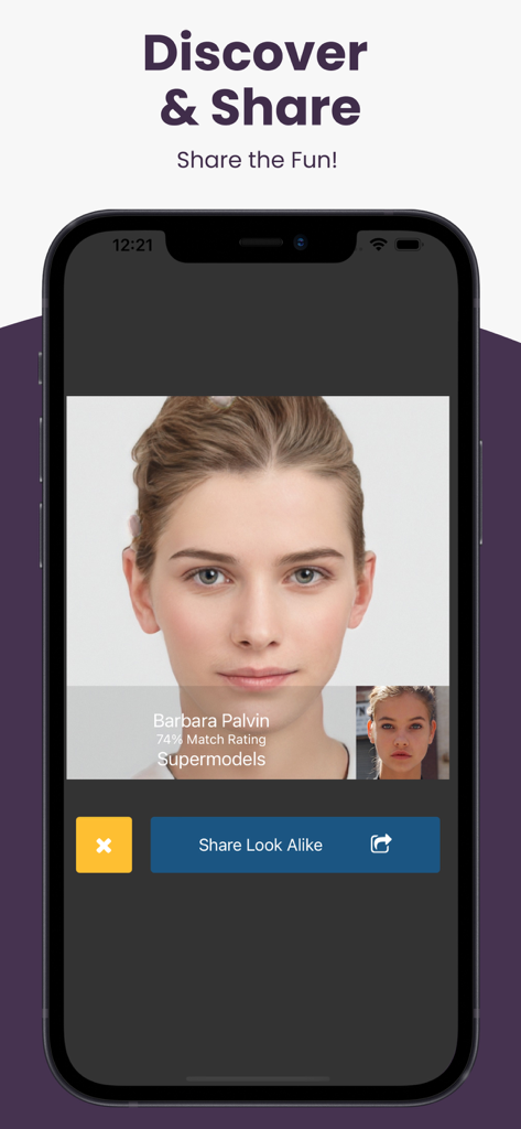Bildschirm eines Smartphones, das ein Celebrity-Match-Ergebnis für Barbara Palvin mit einer 74-prozentigen Übereinstimmungsbewertung und einer Share-Schaltfläche zeigt.