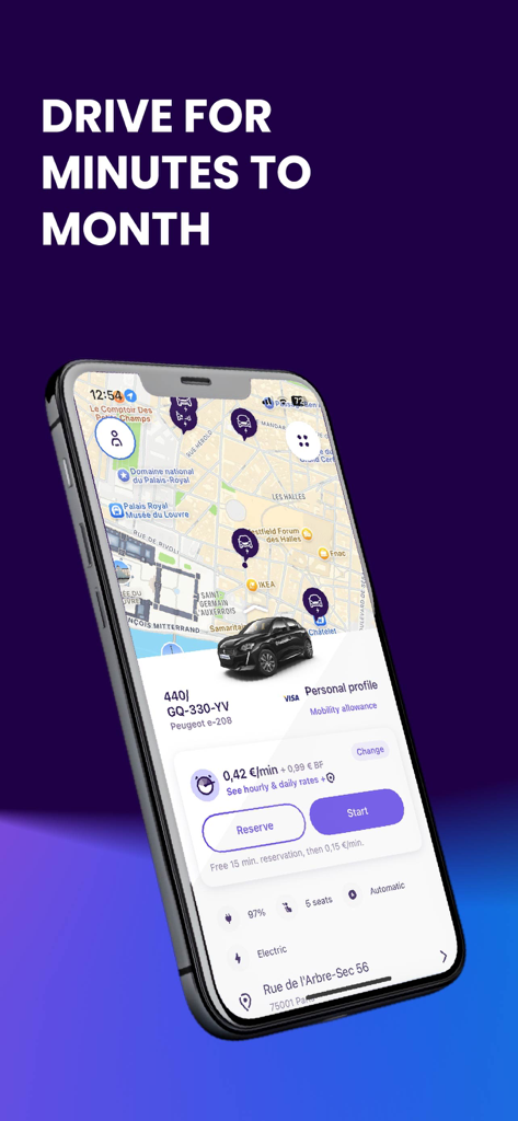 Free2move | Car Share & Rental - Free2move mobile app showing car sharing map and electric vehicle rental details.
