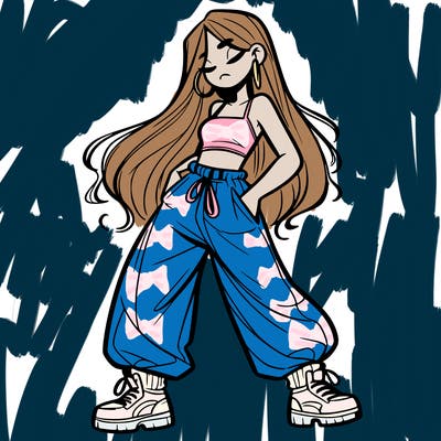 girl in baggy pants crop top and long hair