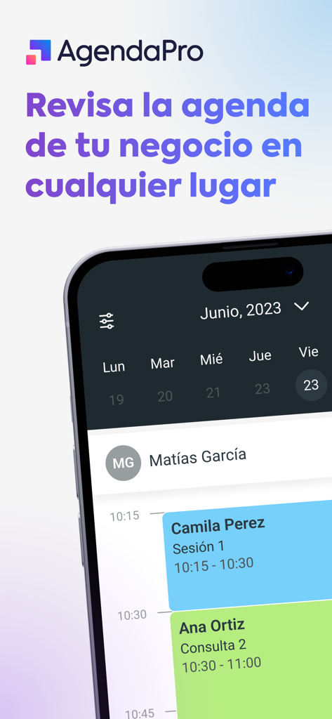 AgendaPro Agendar Citas y Más - AgendaPro mobile app interface displaying a professional business schedule with color coded client appointments
