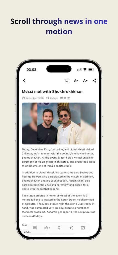 Zamin - Interface do aplicativo de notícias Zamin mostrando um artigo de notícias sobre Lionel Messi encontrando Shokhrukh Khan com opções para ajustar o tamanho do texto e compartilhar