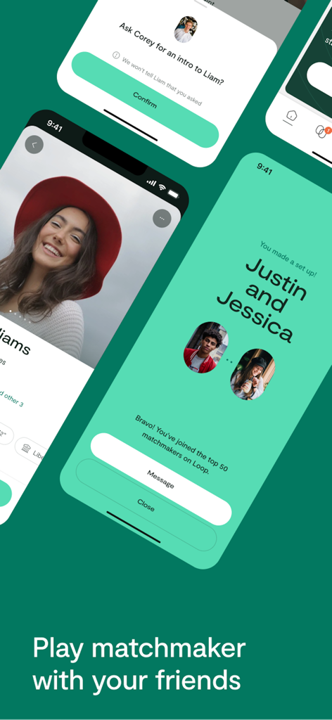 Screenshot of Loop matchmaking app showing a friend introduction request and a successful match setup