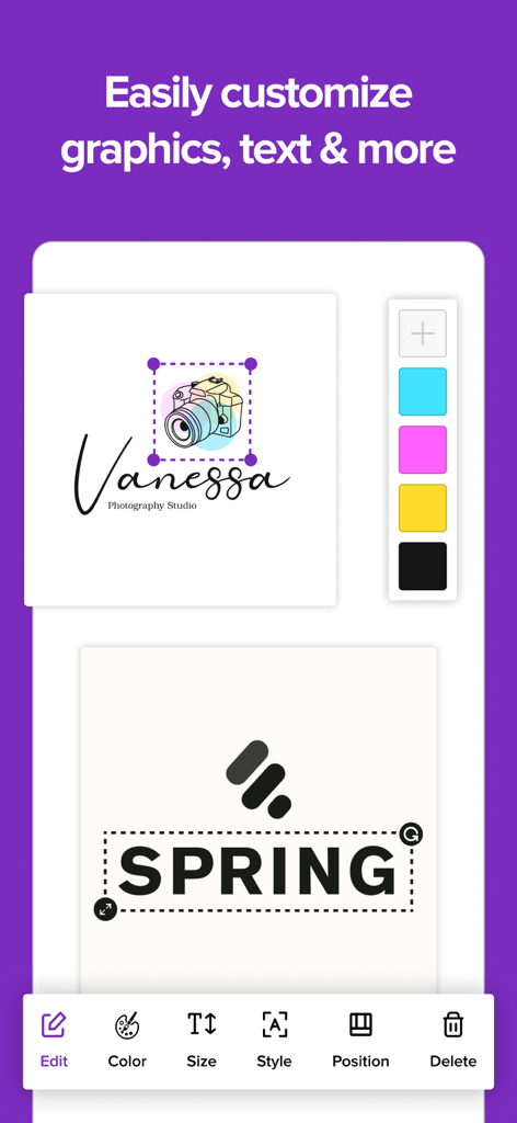 Logo Maker - Create Logo - Mobile app screen showing logo customization tools for graphics and text