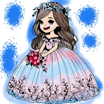 realistic girl in ball gown with flowers