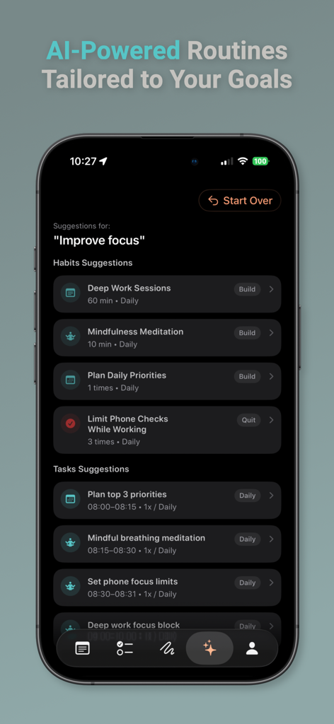 Habit Tracker - Habtik - Habtik app screen displaying AI-powered habit and task suggestions for improving focus