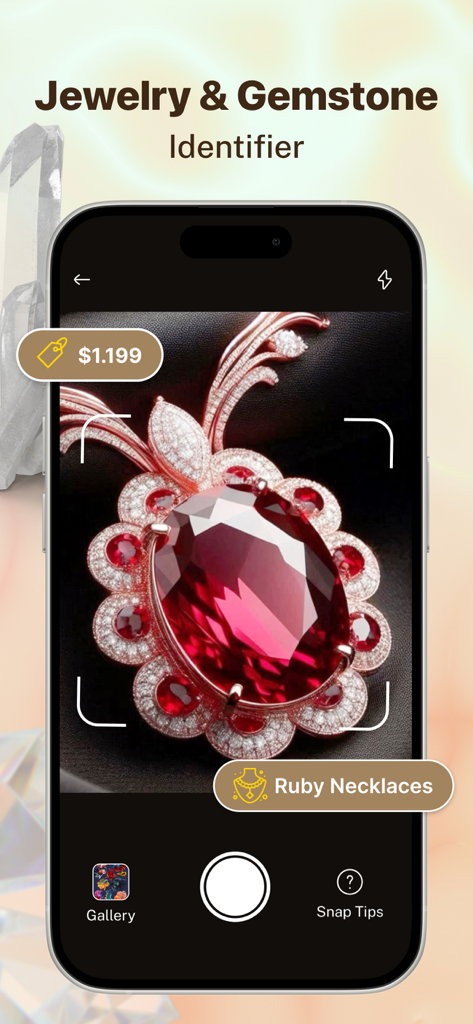 A smartphone screen showing the Jewelry Identifier Value app identifying a ruby necklace and displaying its estimated value