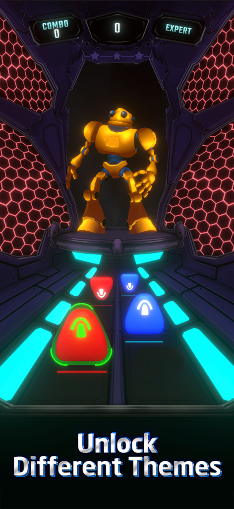 Beat Swiper - Jugabilidad de Beat Swiper mostrando un personaje robot dorado y notas de neón en un tema futurista