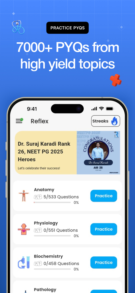 Reflex - NEET PG Preparation - Reflex app dashboard showing medical subjects like Anatomy and Physiology for NEET PG practice.