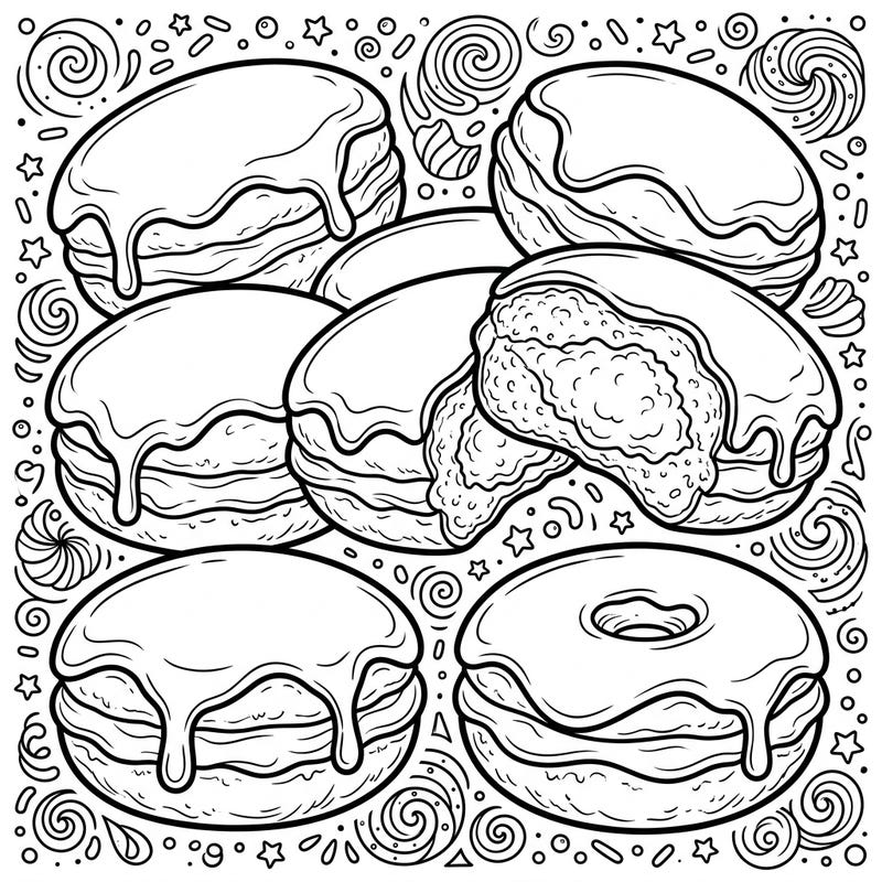 Satisfy your craving for creativity with this irresistible Boston Cream Doughnuts coloring page. Featuring beautifully detailed doughnuts with creamy filling and tempting chocolate glaze, it's a sweet delight for any coloring enthusiast.