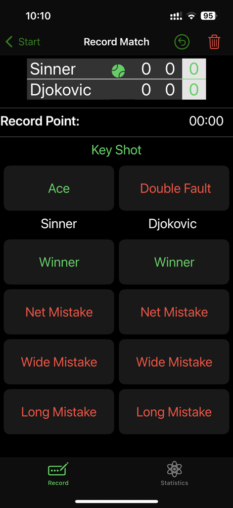 Tennis Track - Tennis Track app screen for recording live match statistics including winners and specific types of errors