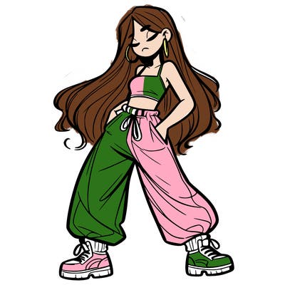 girl in baggy pants crop top and long hair