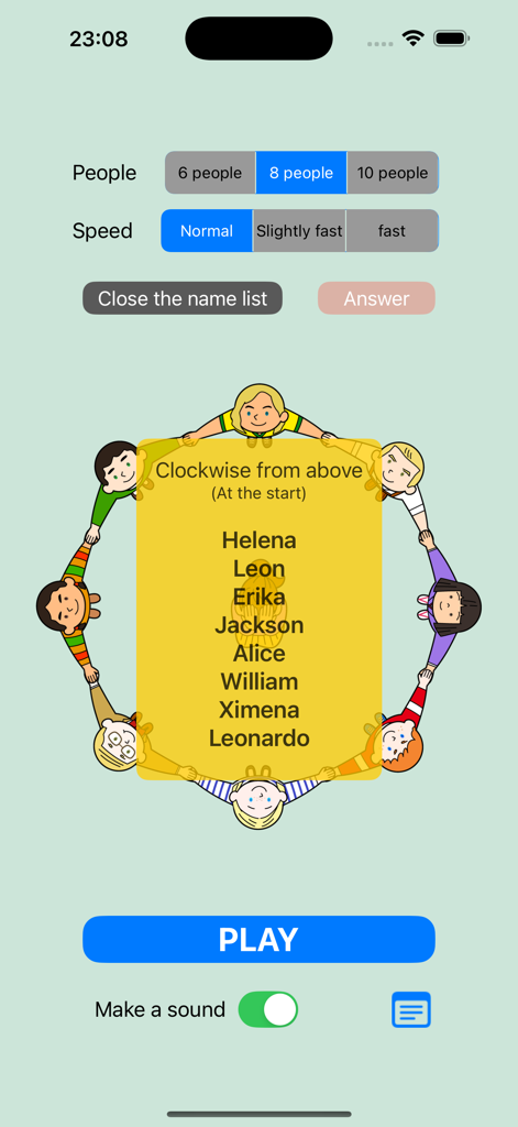 Kagome Kagome - Screenshot of Kagome Kagome app showing character names in a circle and game speed options