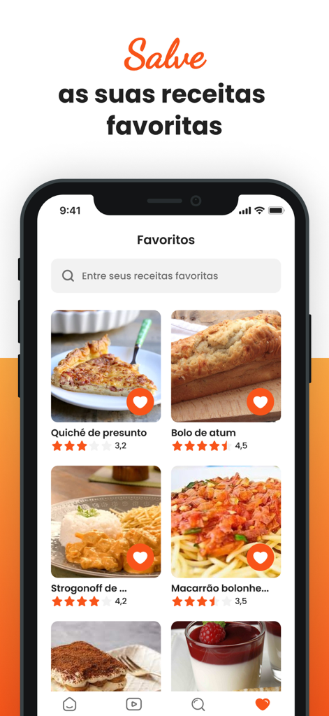 TudoGostoso Receitas - Un écran d'application mobile intitulé Favoritos affichant une grille de recettes enregistrées avec images et notes par étoiles.
