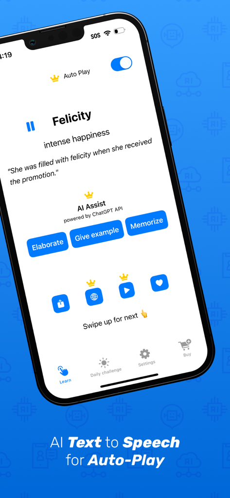 Vocabulary AI - Vocab Builder - Schermata dell'app Vocabulary AI che mostra la definizione della parola e la funzione di riproduzione automatica del testo in voce.