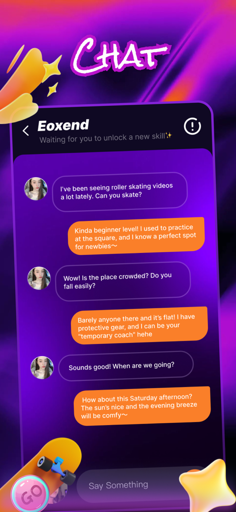 Deckk - Connect, Fun, Chat - A chat interface in the Deckk app showing a conversation between two users planning a skateboarding session at a flat spot.