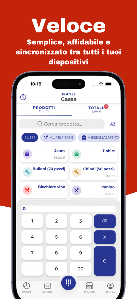 MyCassa Scontrino Elettronico - Interfaz de caja registradora digital de la aplicación MyCassa que muestra la lista de productos y el teclado numérico