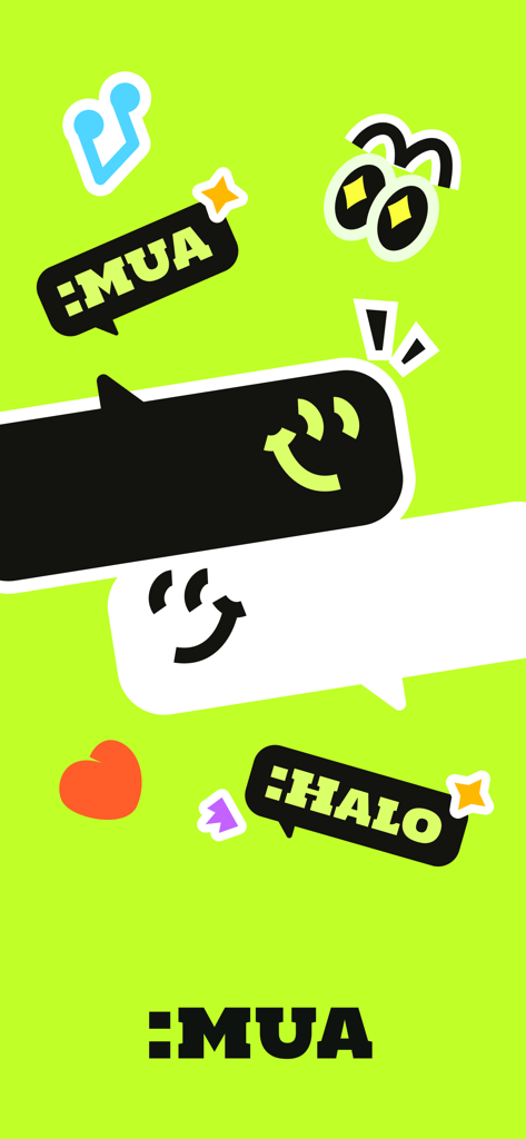 MuaChat-全球華人最推薦聊天交友娛樂語音App - MuaChat app splash screen featuring playful speech bubbles, smiley face icons, and social symbols on a vibrant lime green background.