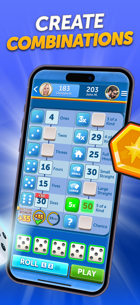 A mobile phone screen displaying the Dice With Buddies game with a classic dice scorecard and player avatars