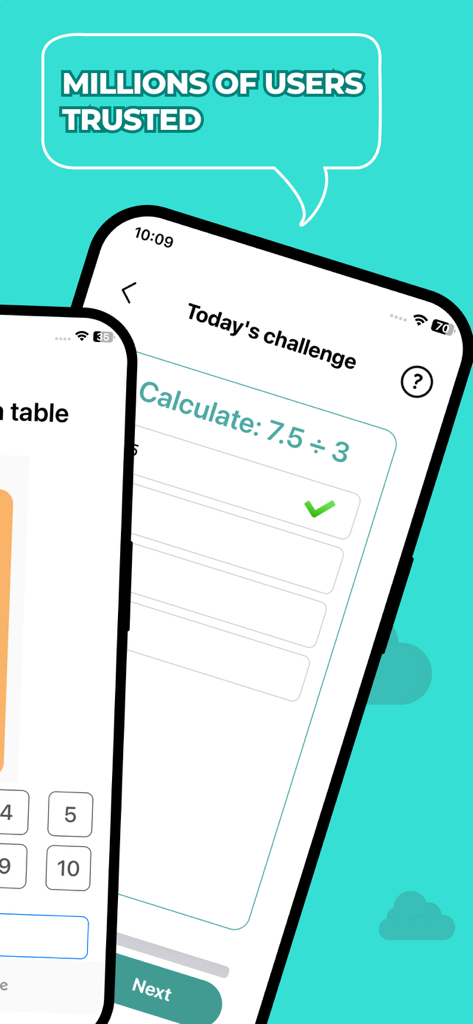 5th grade learning games - Una captura de pantalla de la aplicación de juegos de aprendizaje de matemáticas de 5º grado que muestra un desafío de matemáticas diario con un problema de división y un mensaje que indica que millones de usuarios confían en la aplicación.