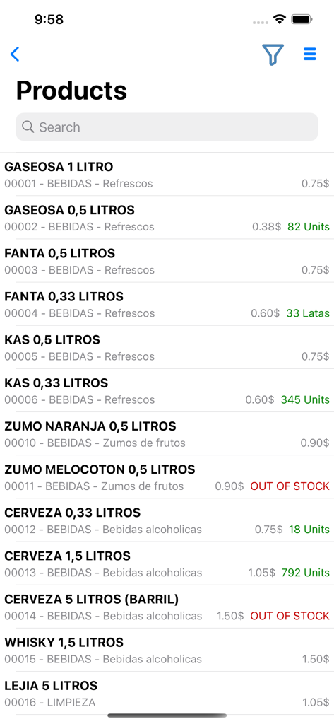 iGes - Sales management - Inventory product list screen in the iGes app showing real-time stock levels and prices for wholesale distribution