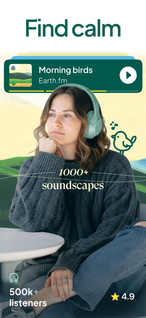 Nature Sounds : Earth FM - Una mujer con auriculares escuchando paisajes sonoros de la naturaleza en la aplicación Earth FM para encontrar la calma