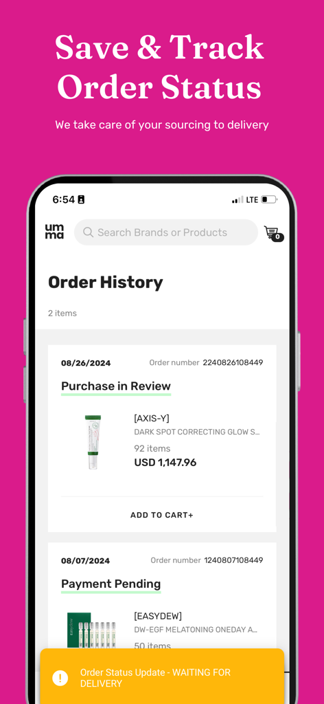 umma.io - umma.io app interface showing wholesale order history and delivery status tracking for K-beauty products