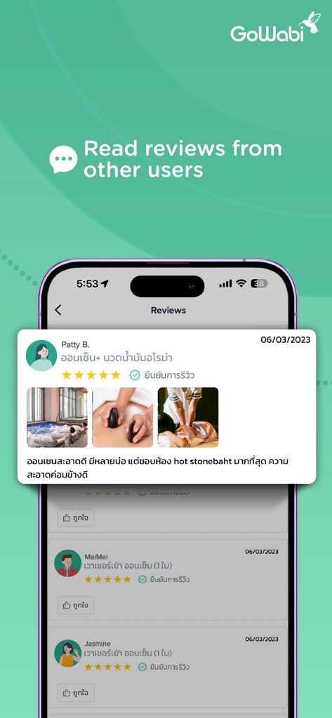 GoWabi app screen highlighting verified user reviews and five star ratings for spa services