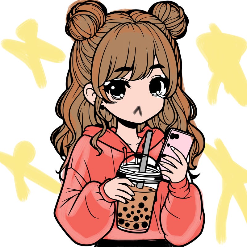 realistic girl with a lphone and boba
