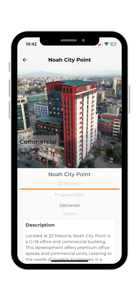 Noah Real Estate PLC - Mobile app screen showing details for Noah City Point commercial building including location progress and description