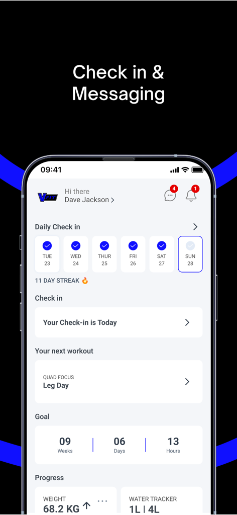 VFit - VFit mobile app dashboard showing daily check in streak and upcoming workout plan