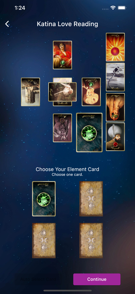 Katina love reading interface with card layout and element selection in the Falyolu app.