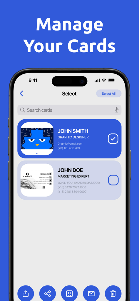 Digital Business Card Scannerㅤ - Interface of the Digital Business Card Scanner app showing a list of saved professional contacts.