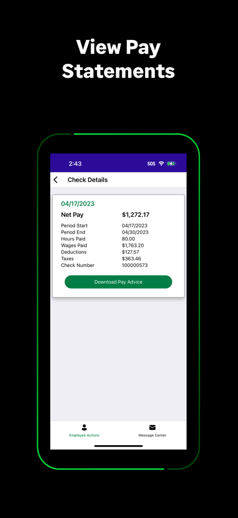 Sage HRMS - A smartphone screen from the Sage HRMS app showing a detailed pay statement with net pay, wages, and a download button.