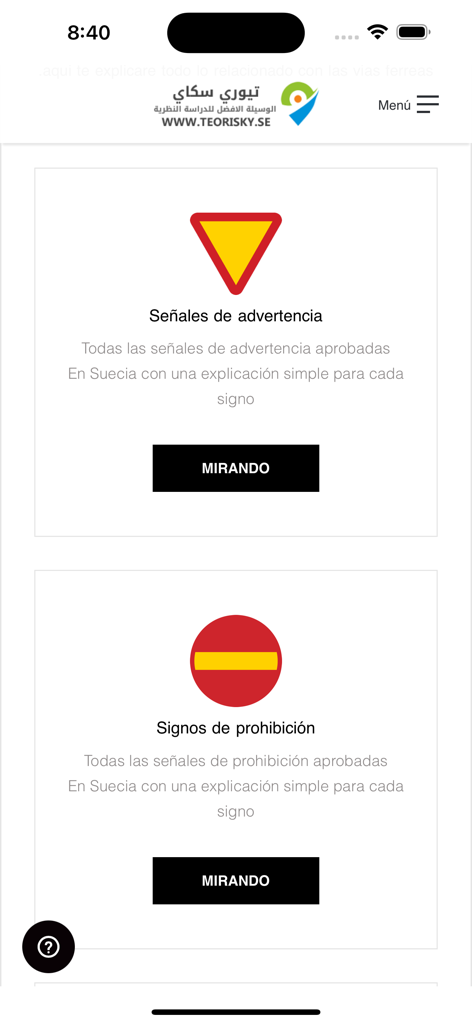 Schermata di un'app mobile in lingua spagnola che mostra le categorie di segnali di avvertimento e divieto svedesi.