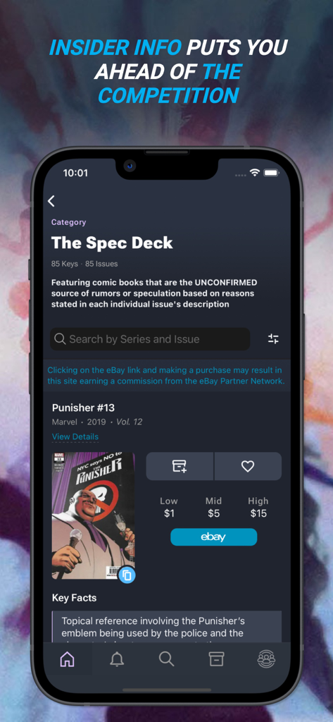 Interfaz Spec Deck de la aplicación Key Collector Comics que muestra los precios y datos clave del cómic de Punisher.